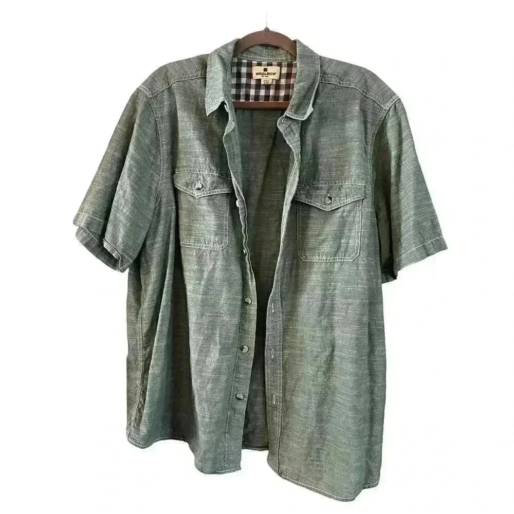 Woolrich Men’s 100% Cotton Green Chambray Casual Collared Short Sleeve Shirt XL